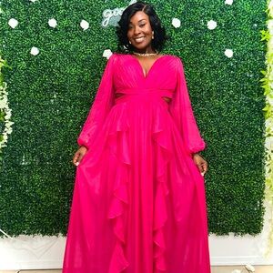 Fashion Nova Hot Pink Long Sleeve Ruffle Maxi Dress